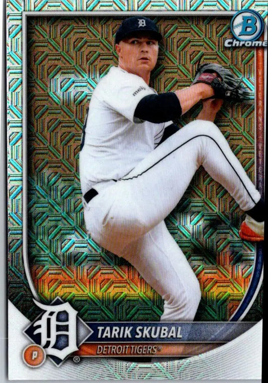 Baseball card featuring Tarik Skubal Chrome Mojo Refractor from 2025 Bowman series