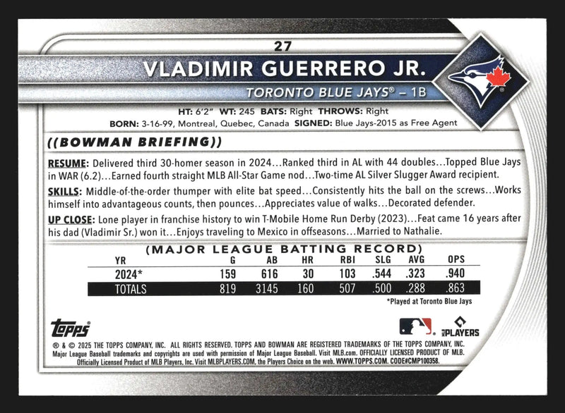 2025 Bowman #27 Vladimir Guerrero Jr Toronto Blue Jays