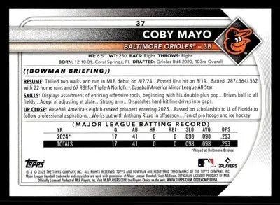 2025 Bowman #37 Coby Mayo - Baseball Card Single