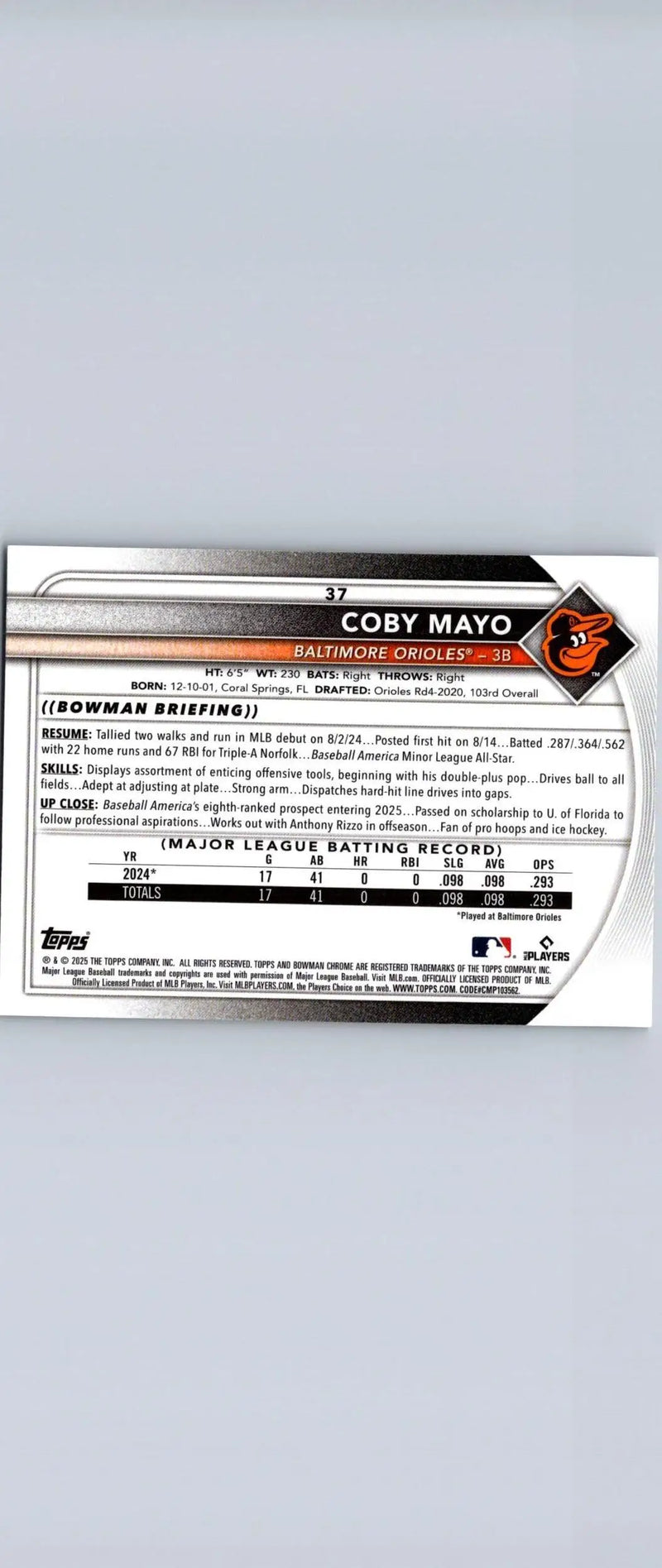 2025 Bowman Coby Mayo Chrome Mojo Refractor baseball card showcasing Coby Mayo Bowman collection