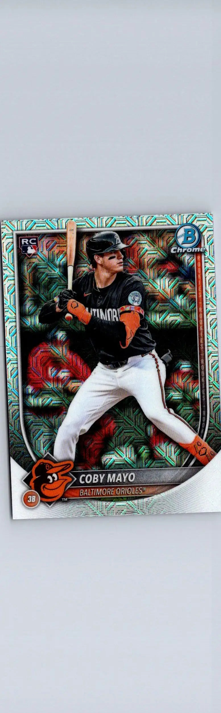 2025 Bowman Coby Mayo mojo refractor baseball card featuring Charles Chamberlin insights