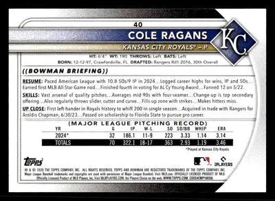 2025 Bowman #40 Cole Ragans - Baseball Card Single