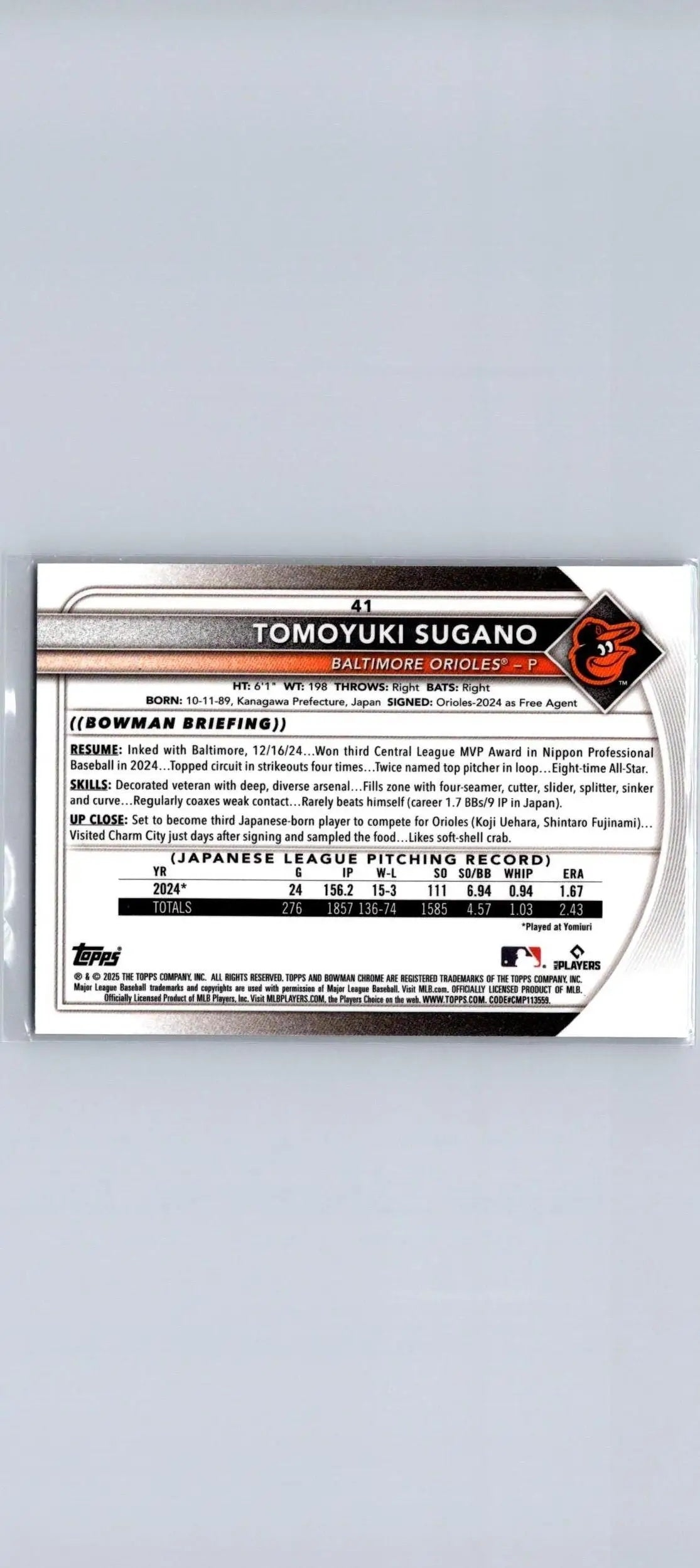 Tomoyuki Sugano Bowman baseball card from 2025 Bowman Chrome Red Rookie Logo