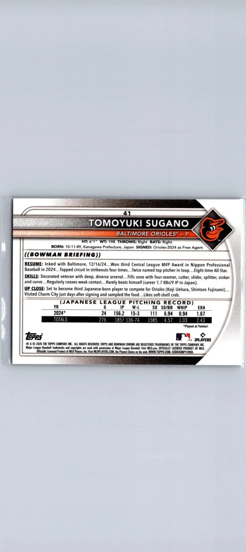 Tomoyuki Sugano Bowman baseball card from 2025 Bowman Chrome Red Rookie Logo