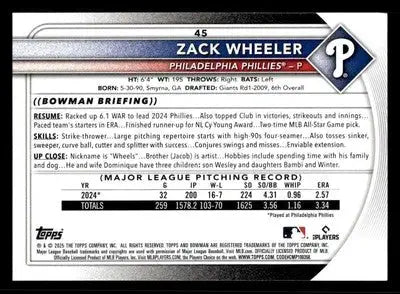 2025 Bowman #45 Zack Wheeler - Baseball Card Single