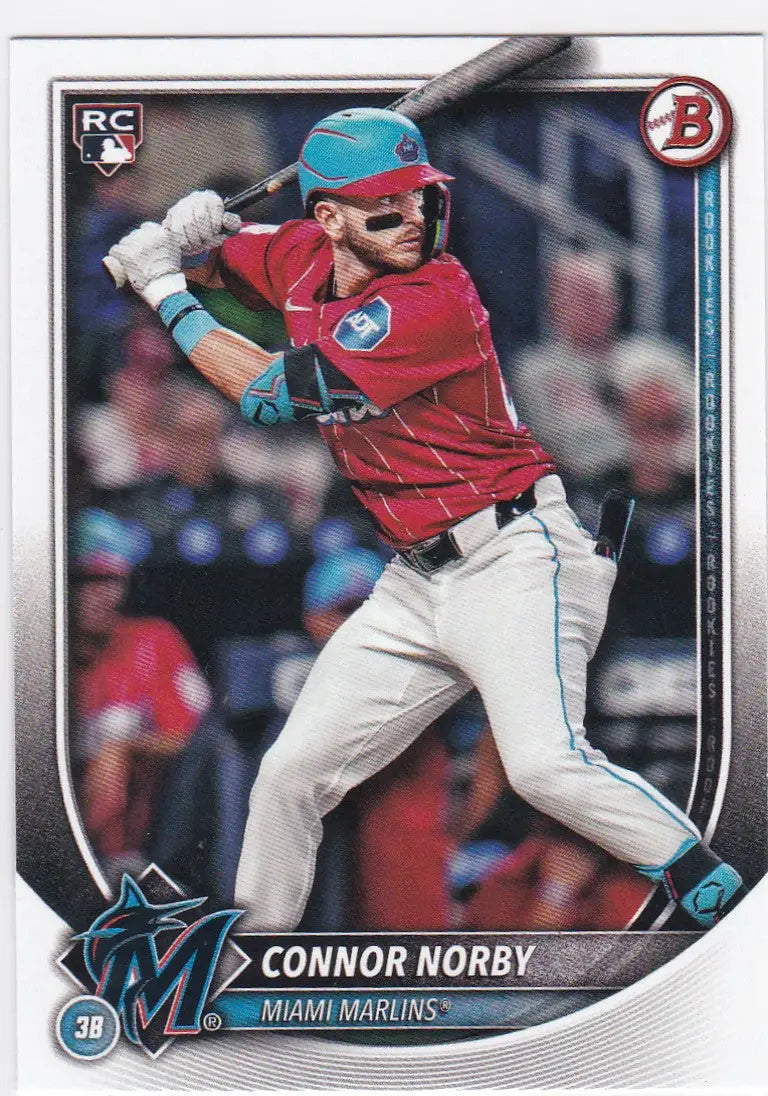 Connor Norby baseball card from 2025 Bowman #46 featuring Miami Marlins RC