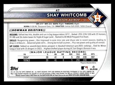 2025 Bowman #47 Shay Whitcomb - Baseball Card Single