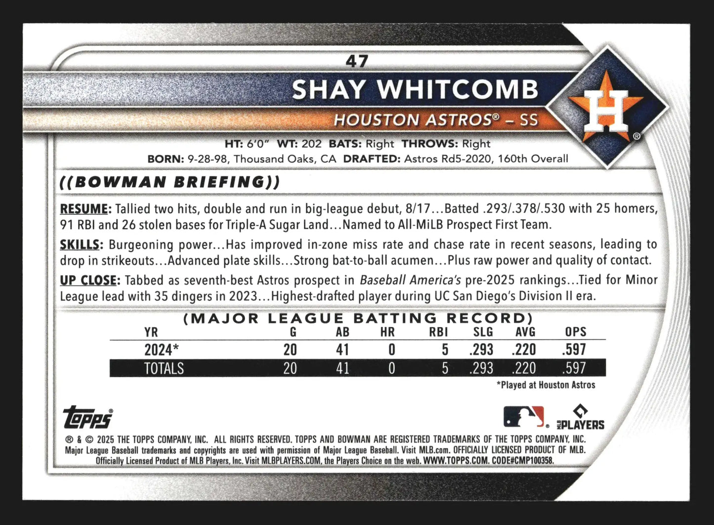 2025 Bowman #47 Shay Whitcomb Houston Astros RC - Baseball Card Single