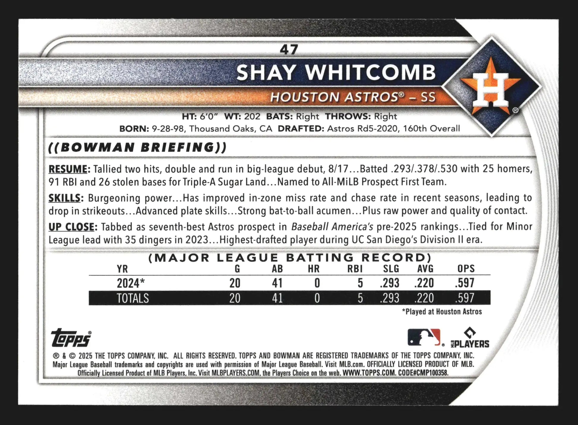 2025 Bowman #47 Shay Whitcomb Houston Astros RC - Baseball Card Single