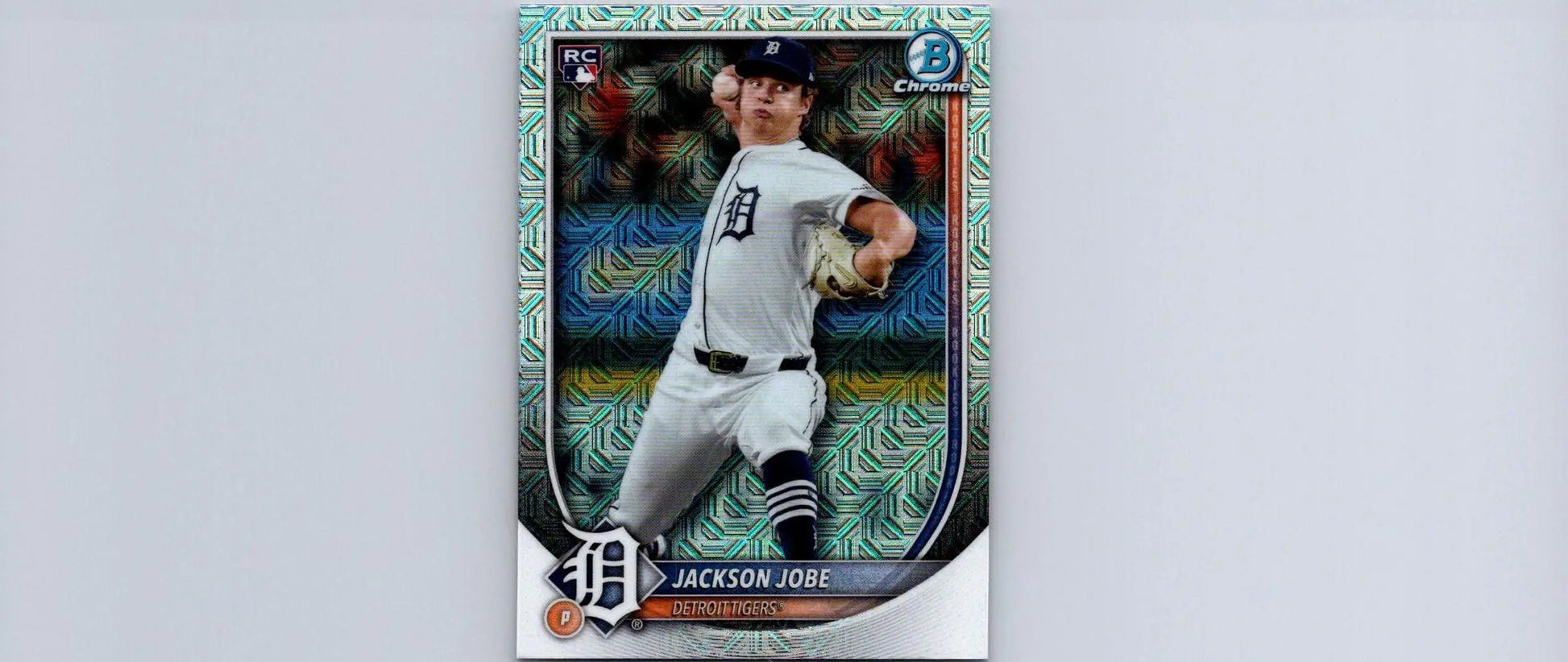 Baseball card featuring Jackson Jobe from 2025 Bowman #50 Jackson Jobe Chrome Mojo Refractor