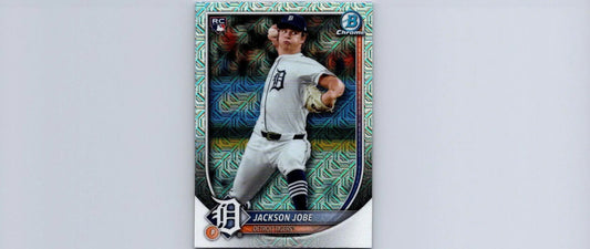 Baseball card featuring Jackson Jobe from 2025 Bowman #50 Jackson Jobe Chrome Mojo Refractor