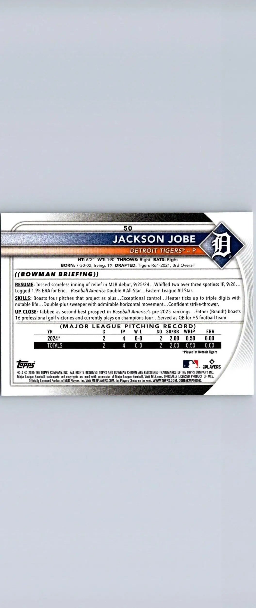 Baseball card back featuring Jackson Jobe Chrome Mojo Refractor from 2025 Bowman #50