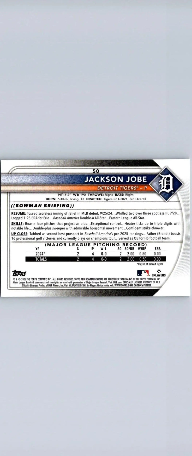 Baseball card back featuring Jackson Jobe Chrome Mojo Refractor from 2025 Bowman #50