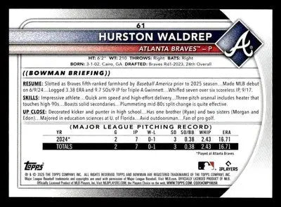2025 Bowman #61 Hurston Waldrep - Baseball Card Single