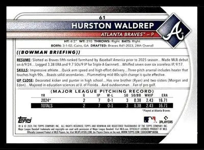 2025 Bowman #61 Hurston Waldrep - Baseball Card Single