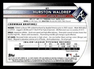 2025 Bowman #61 Hurston Waldrep - Baseball Card Single