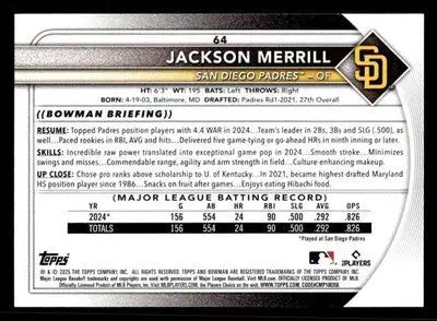 2025 Bowman #64 Jackson Merrill - Baseball Card Single