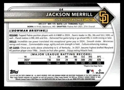 2025 Bowman #64 Jackson Merrill Mega Refractor - Baseball Card Single