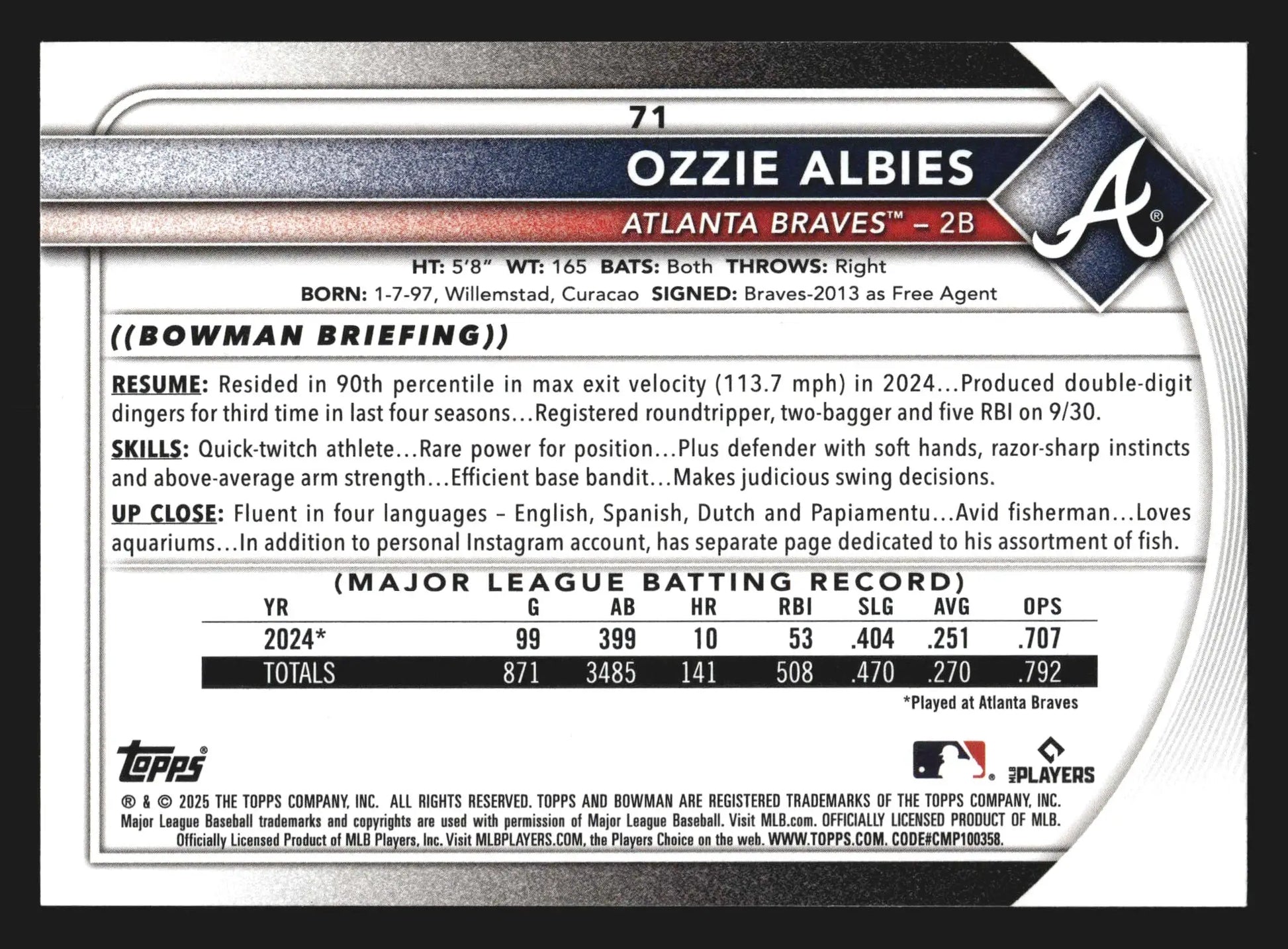2025 Bowman #71 Ozzie Albies Atlanta Braves Veterans Paper Base