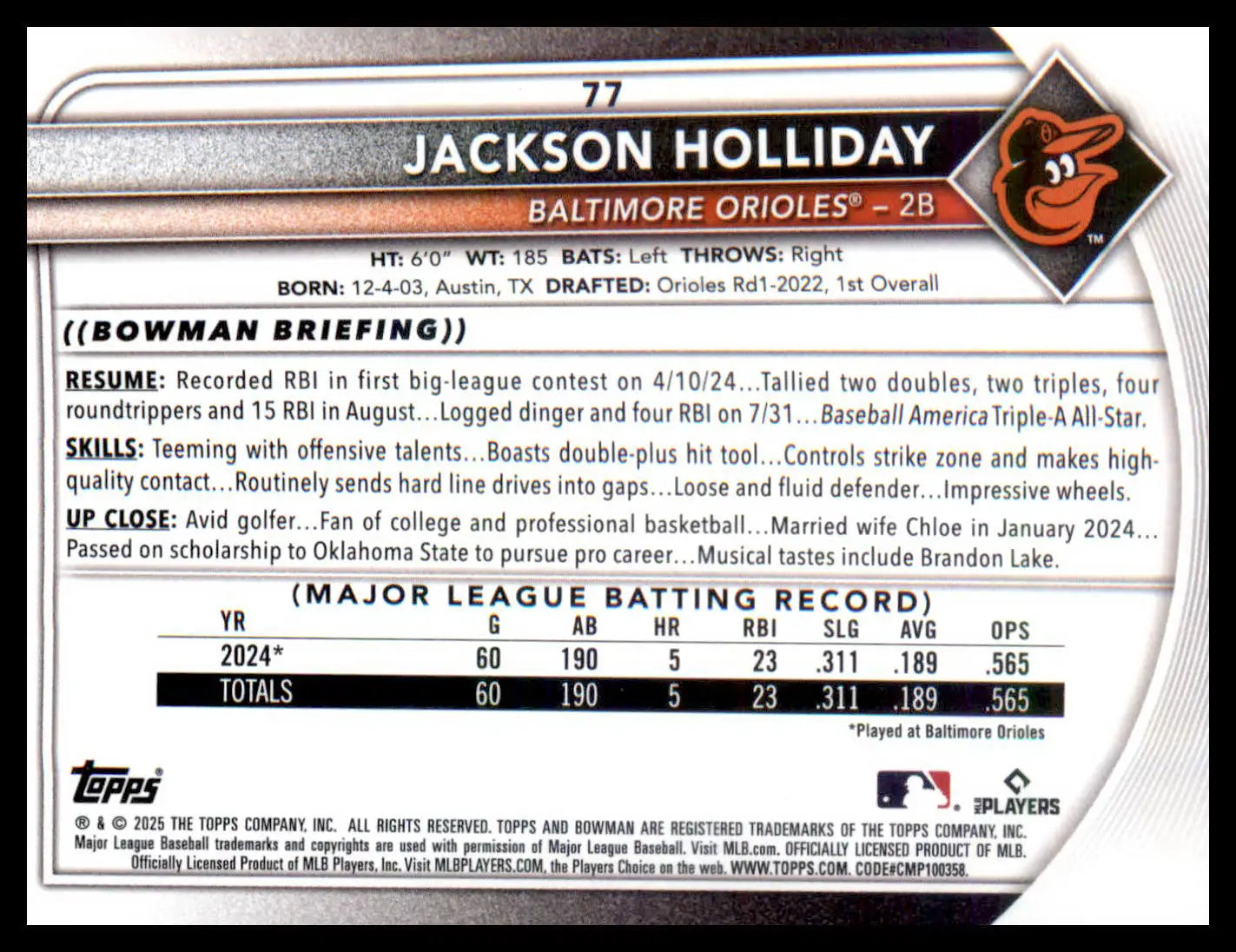 2025 Bowman #77 Jackson Holliday - Baseball Card Single