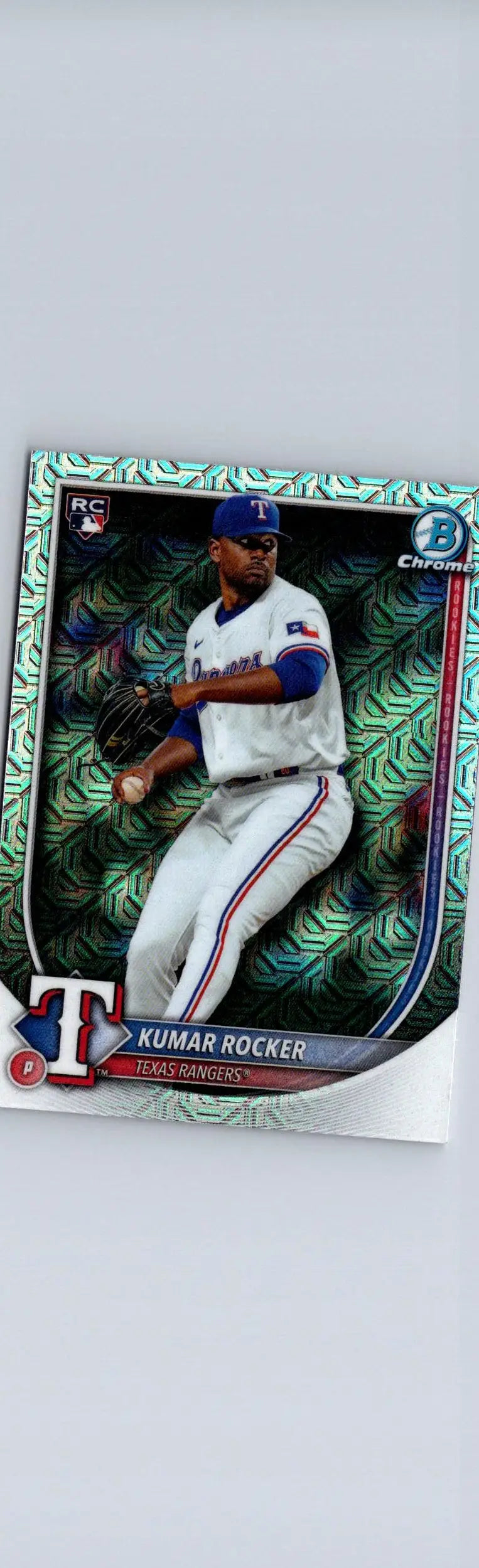 Kumar Rocker baseball card from 2025 Bowman #80 with Kumar Rocker Chrome Mojo Refractor