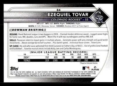 2025 Bowman #84 Ezequiel Tovar - Baseball Card Single