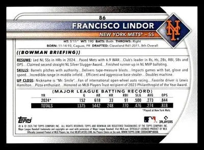 2025 Bowman #86 Francisco Lindor - Baseball Card Single
