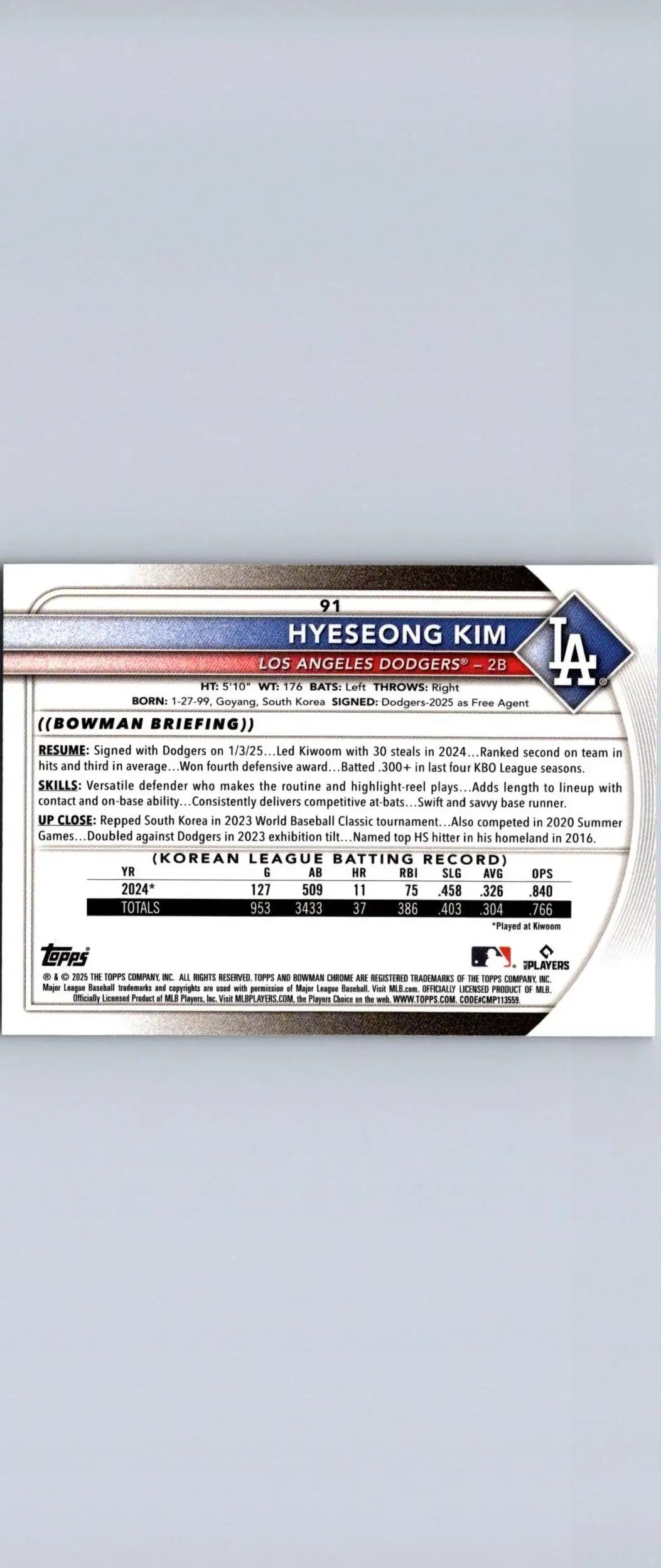 Baseball card of Hyeseong Kim Bowman Chrome Red Rookie Logo from 2025 Bowman series