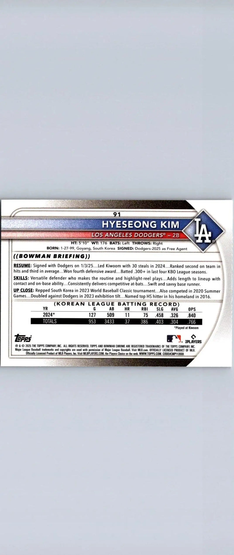 Baseball card of Hyeseong Kim Bowman Chrome Red Rookie Logo from 2025 Bowman series