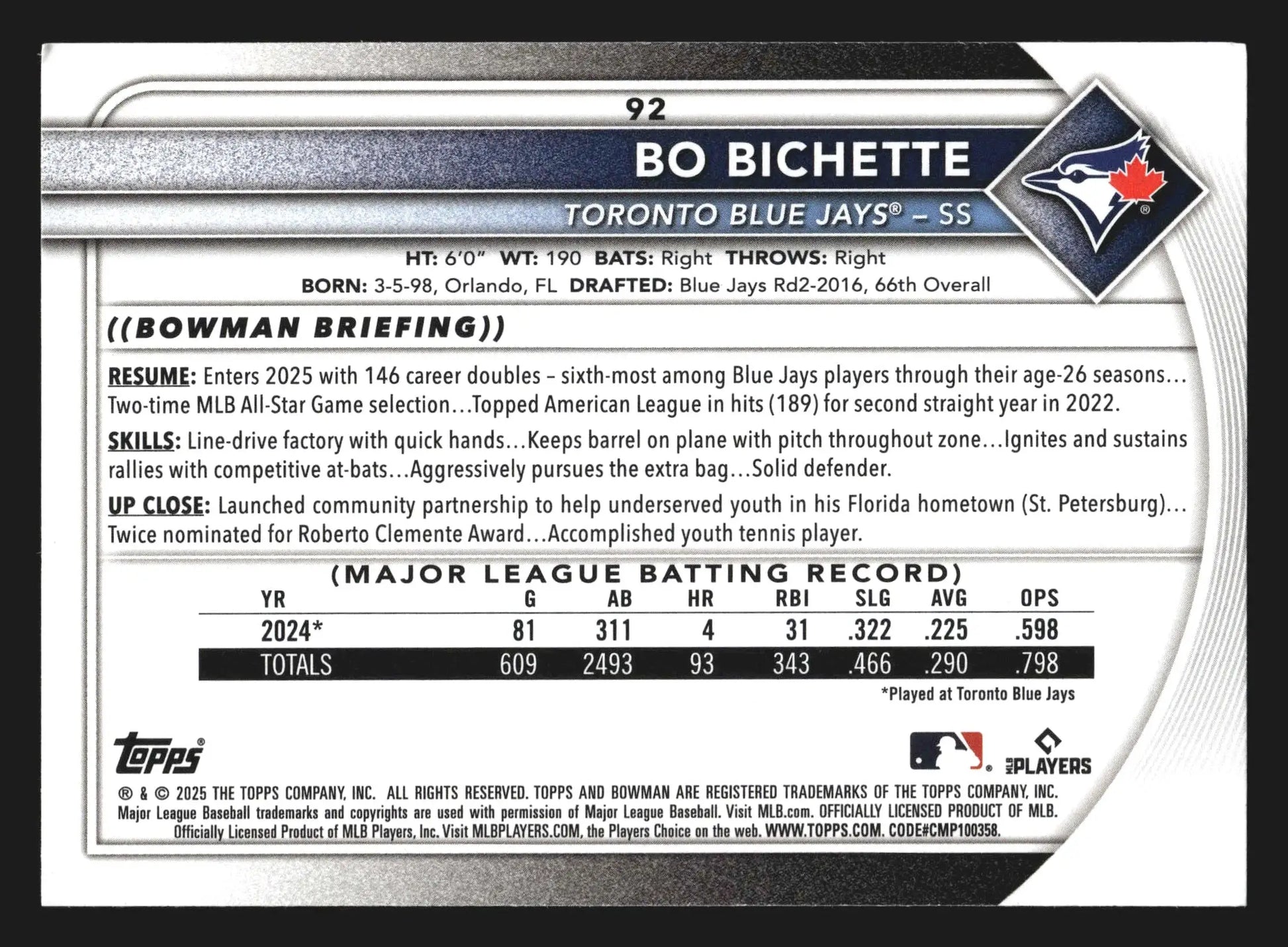 2025 Bowman #92 Bo Bichette Toronto Blue Jays - Baseball Card Single