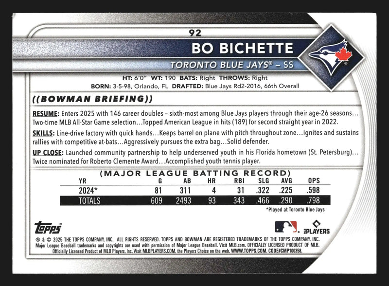 2025 Bowman #92 Bo Bichette Toronto Blue Jays - Baseball Card Single