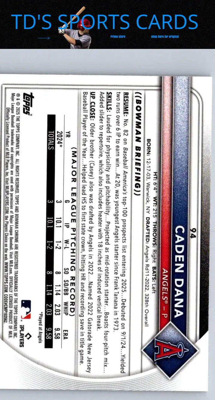 Baseball card featuring Caden Dana from 2025 Bowman Chrome Mojo Refractor series