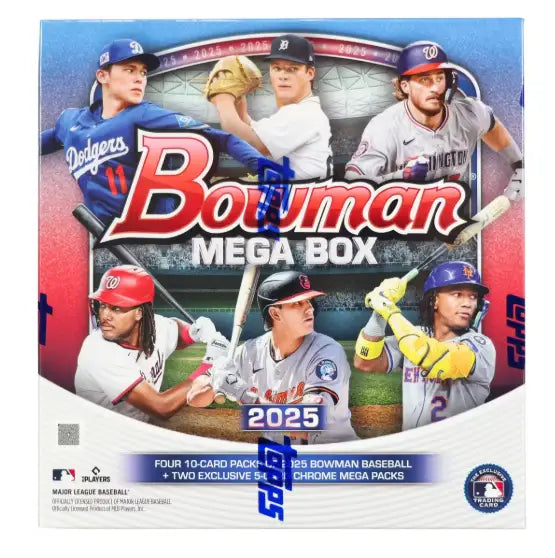 2025 Bowman Baseball Cards Mega Box featuring Bowman Baseball and Mega Chrome cards