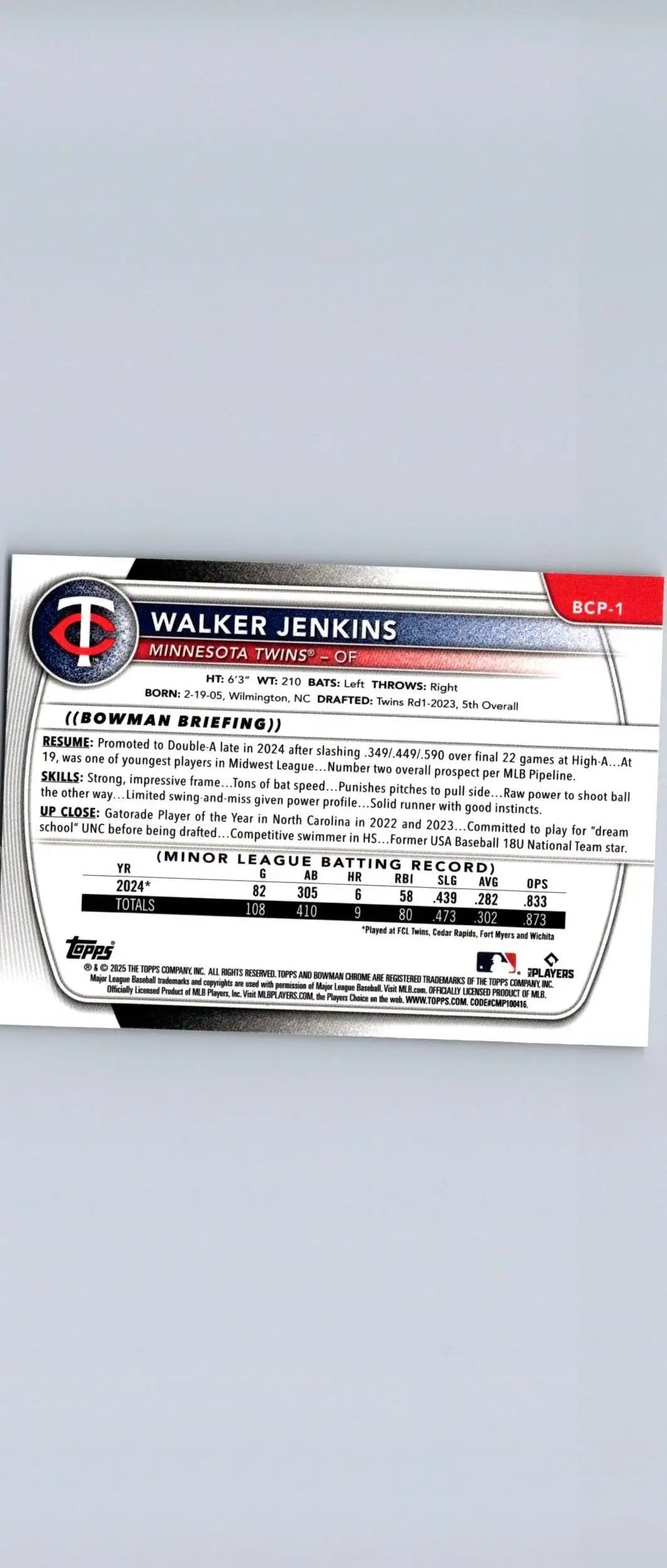 Baseball card back of 2025 Bowman Walker Jenkins Chrome Prospects Jenkins Chrome