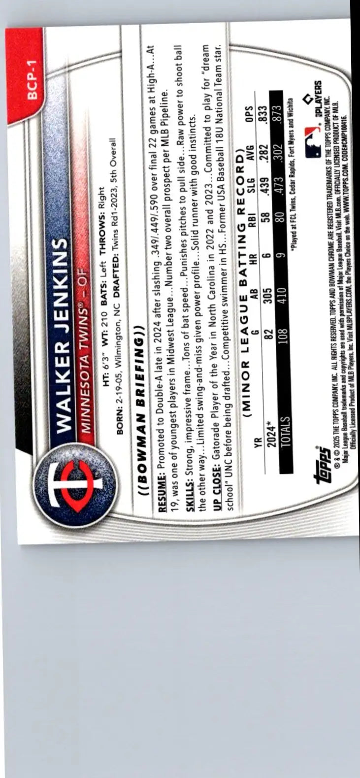 Back of 2025 Bowman Walker Jenkins Chrome Prospects trading card with stats and bio