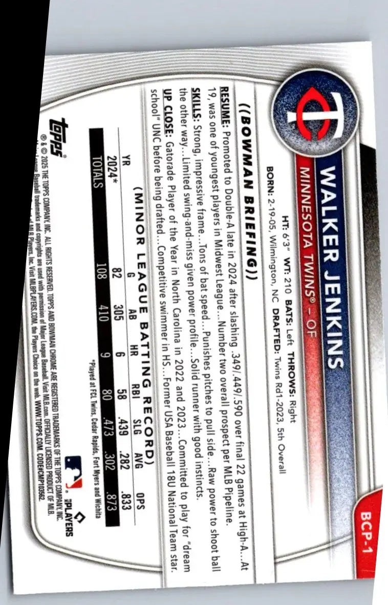 Walker Jenkins Chrome baseball card from 2025 Bowman BCP-1 Jenkins Chrome Prospects