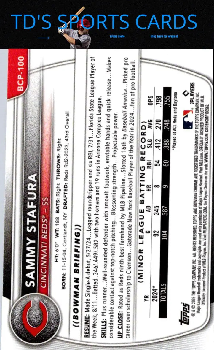 Baseball card back of Sammy Stafura Chrome Prospects Mojo Refractor 2025 Bowman