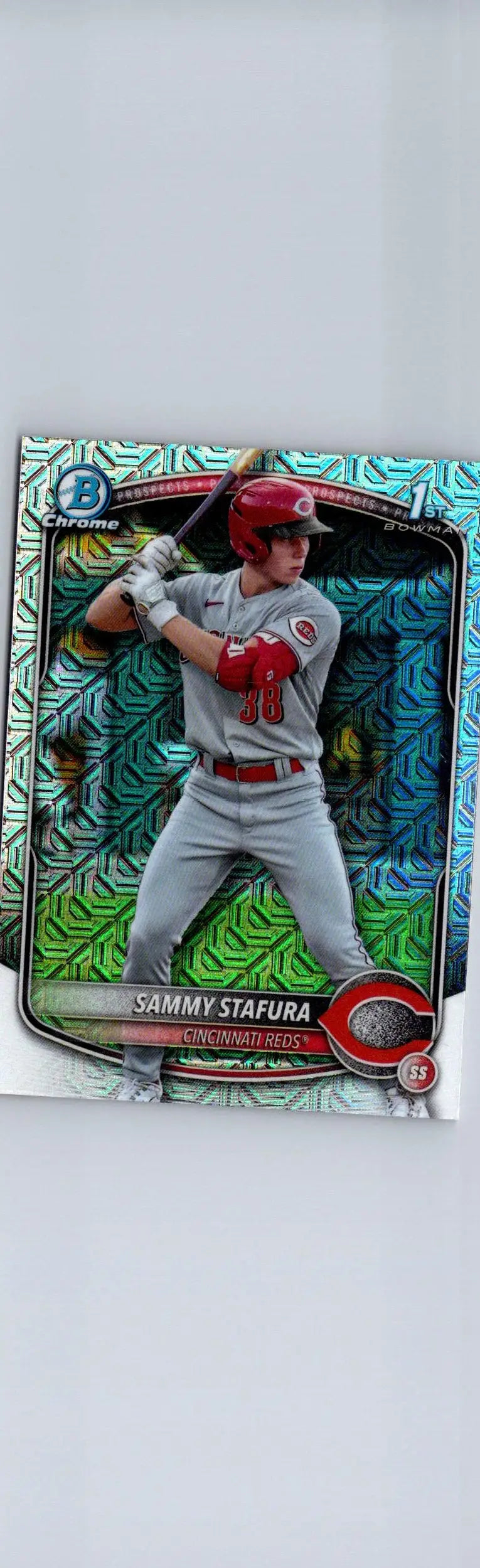 Sammy Stafura baseball card from 2025 Bowman Chrome Prospects X-Fractor series