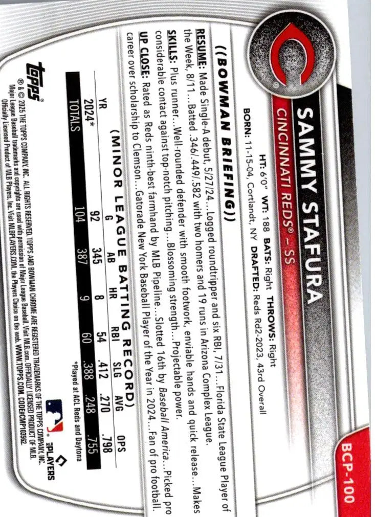 Sammy Stafura baseball card from 2025 Bowman Chrome Prospects X-Fractor series