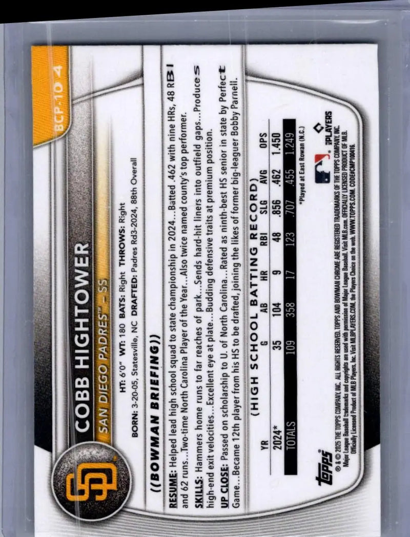 Topps Cobb Hightower Chrome Prospects baseball trading card from 2025 Bowman series
