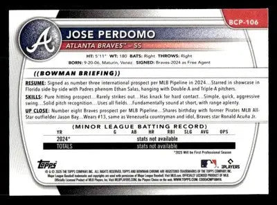 2025 Bowman #BCP-106 Jose Perdomo Chrome Prospects - Baseball Card Single