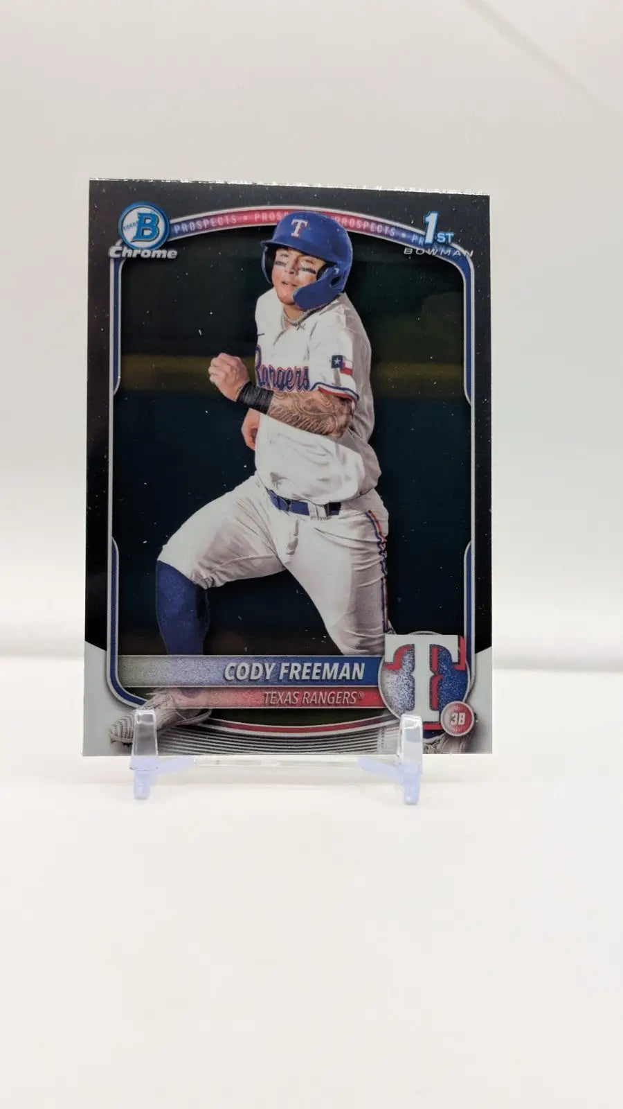 Baseball card featuring Cody Freeman Chrome prospects in Texas Rangers uniform