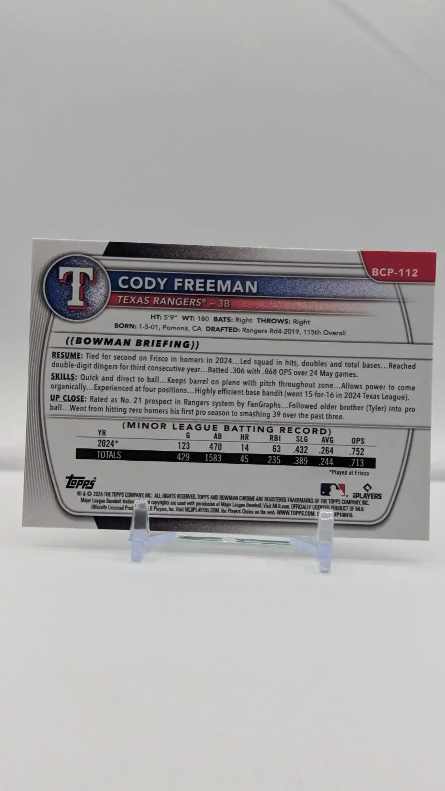 Baseball trading card of Cody Freeman Chrome Prospects Texas Rangers 2025 Bowman BCP-112