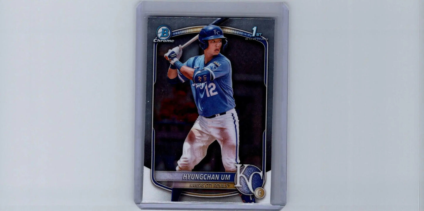Baseball trading card of Hyungchan Um Chrome Prospects in blue uniform with number 12