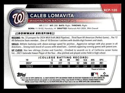 2025 Bowman #BCP-120 Caleb Lomavita Chrome Prospects - Baseball Card Single