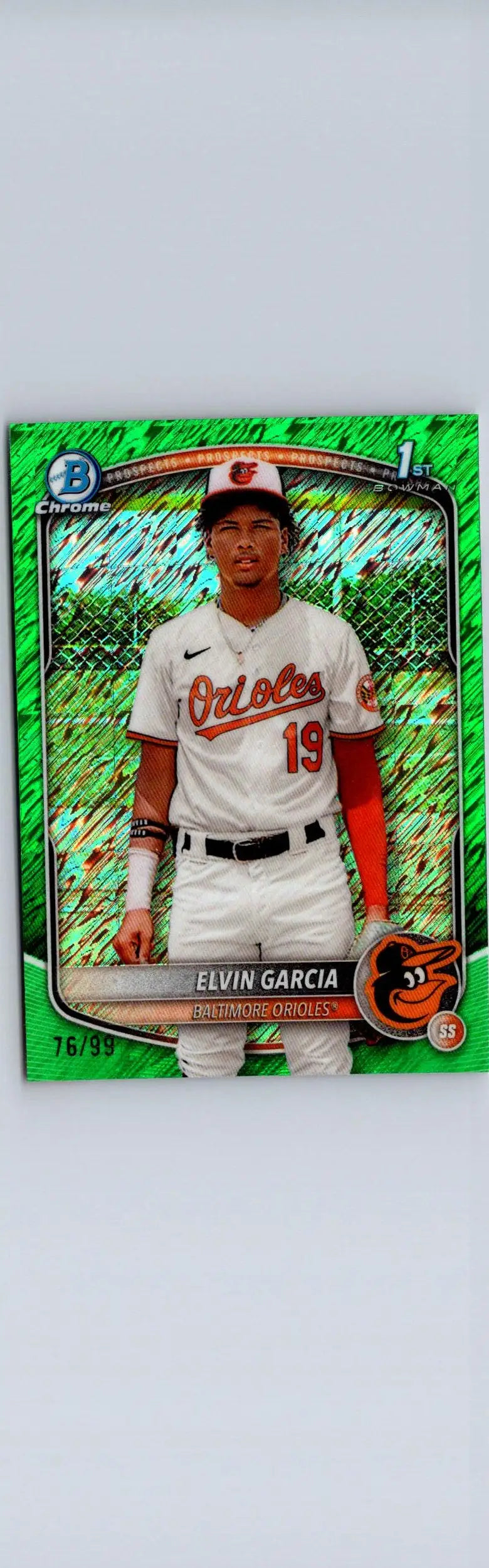 Green Prizm baseball card of Elvin Garcia in Orioles uniform, Elvin Garcia Chrome prospects