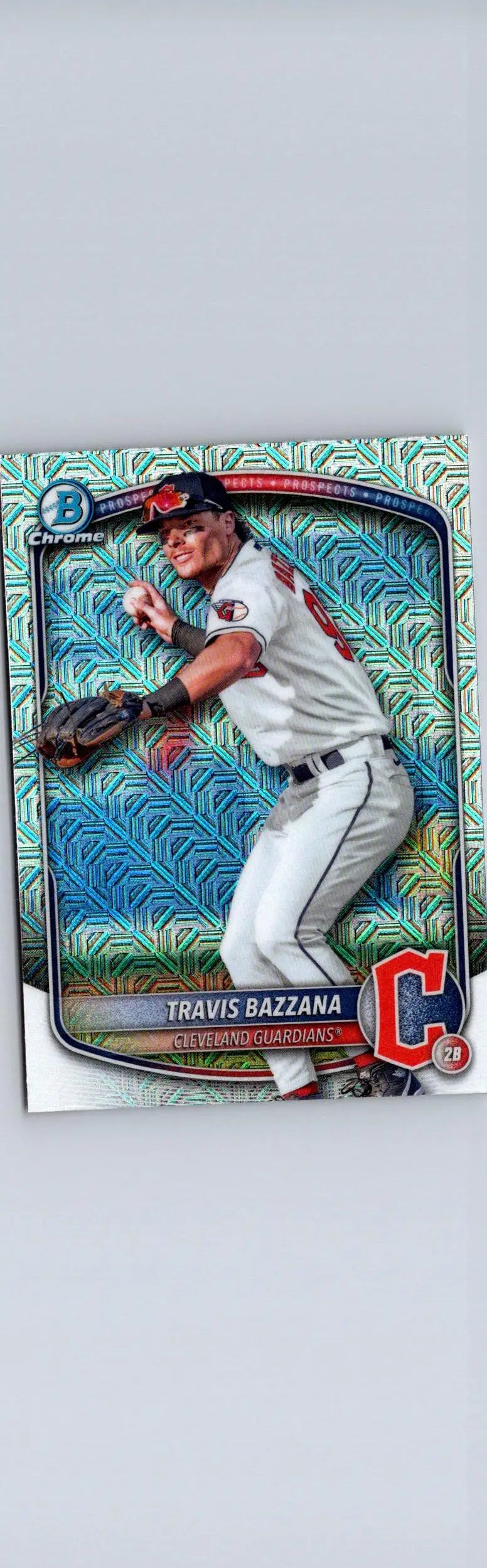 Baseball card featuring Travis Bazzana in action from 2025 Bowman Bazzana Chrome Prospects Mojo Refractor