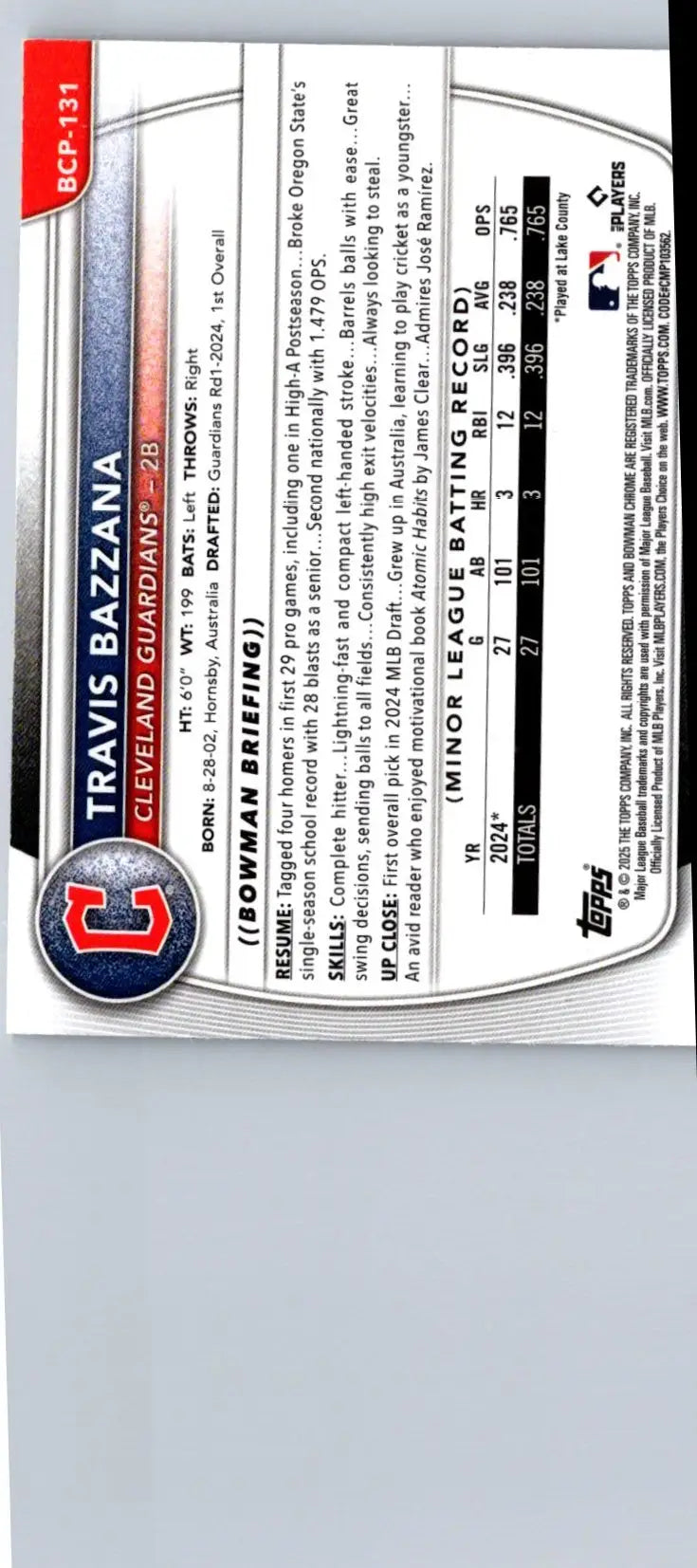 Baseball card back featuring Travis Bazzana Chrome Prospects Mojo Refractor 2025 Bowman