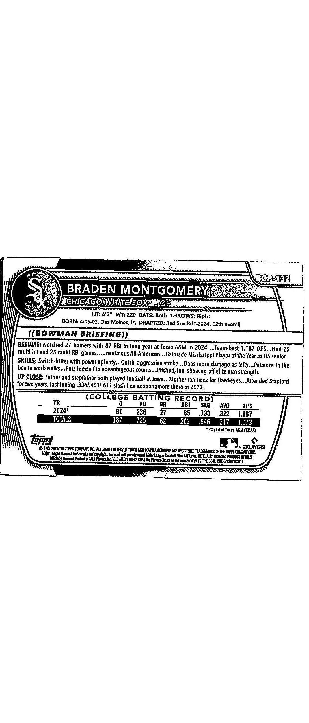 Braden Montgomery Chrome baseball card from 2025 Bowman Montgomery Chrome Prospects series