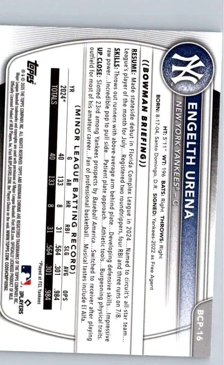 Baseball card back featuring Engelth Urena Chrome prospects Mojo Refractor 2025 Bowman